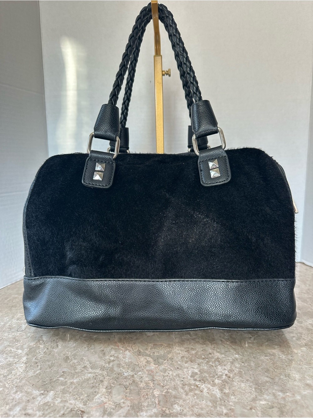 Black Faux Fur Satchel Shoulder Bag Braided Handles Studded Gothic Grunge Punk